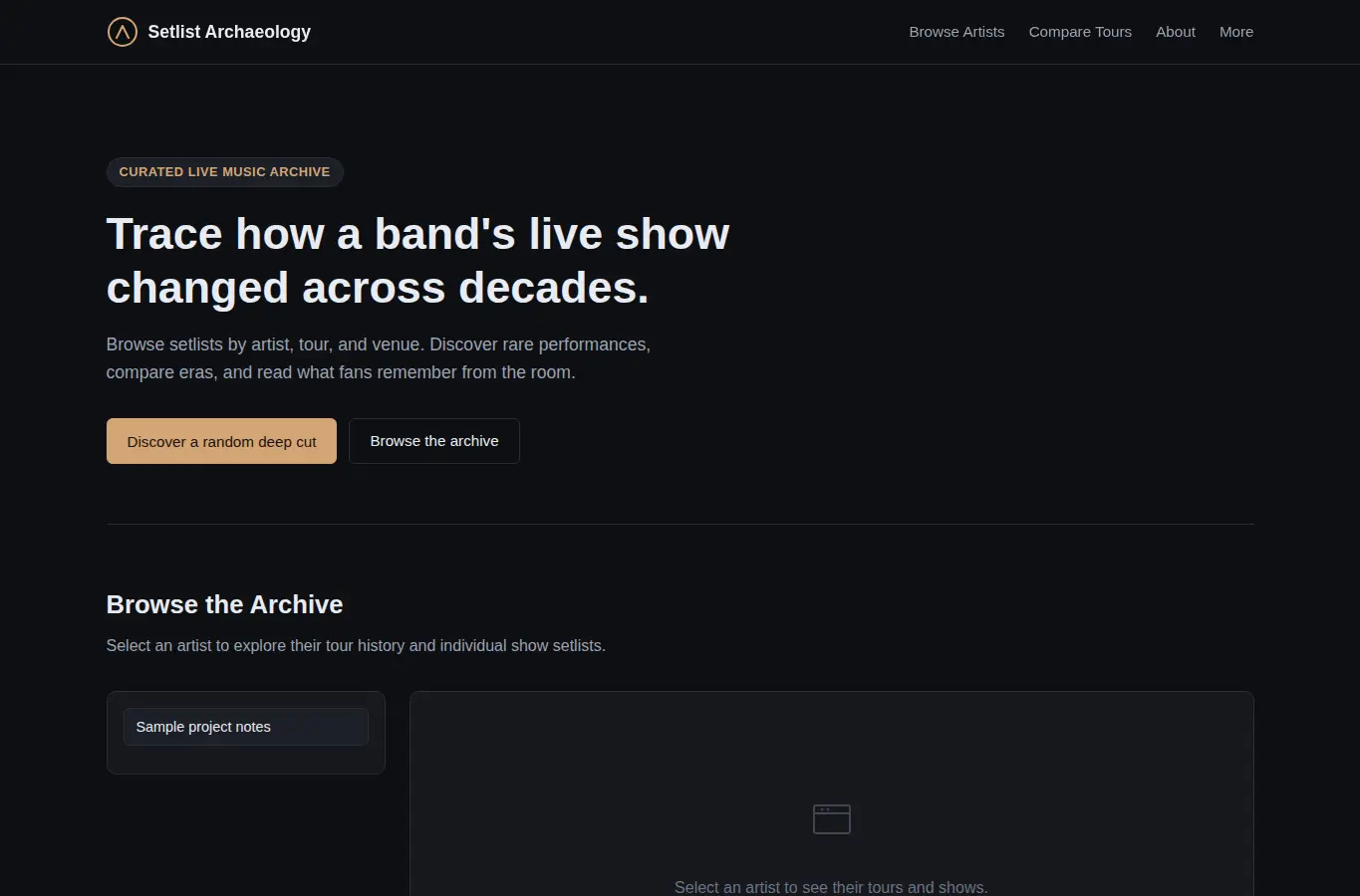 Screenshot of Setlist Archaeology interface showing the project page in use